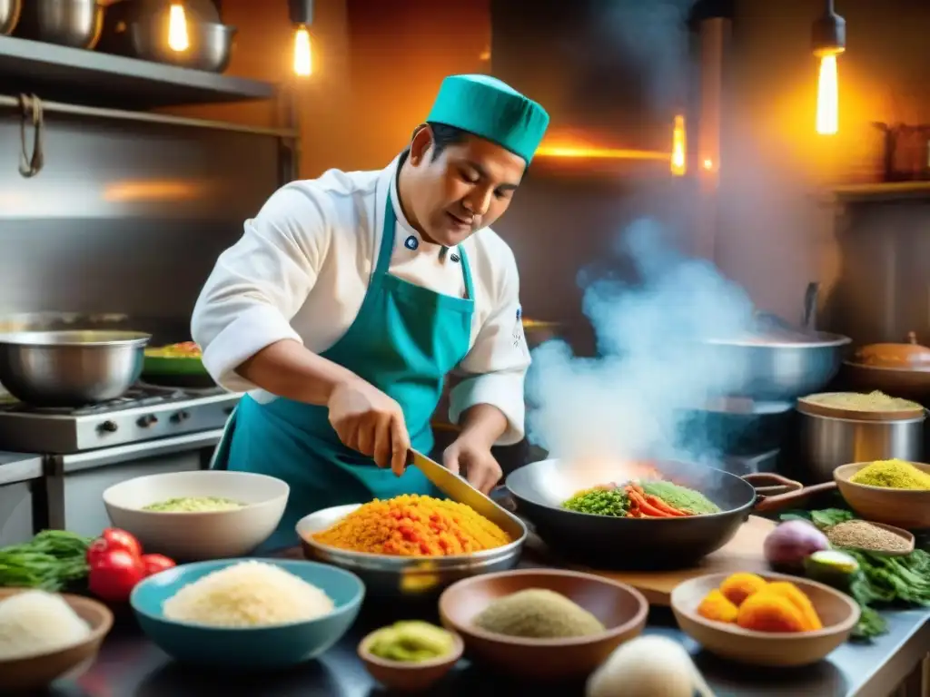 Un chef prepara un plato vibrante con Aji Charapita en una cocina tradicional peruana, destacando los beneficios y recetas