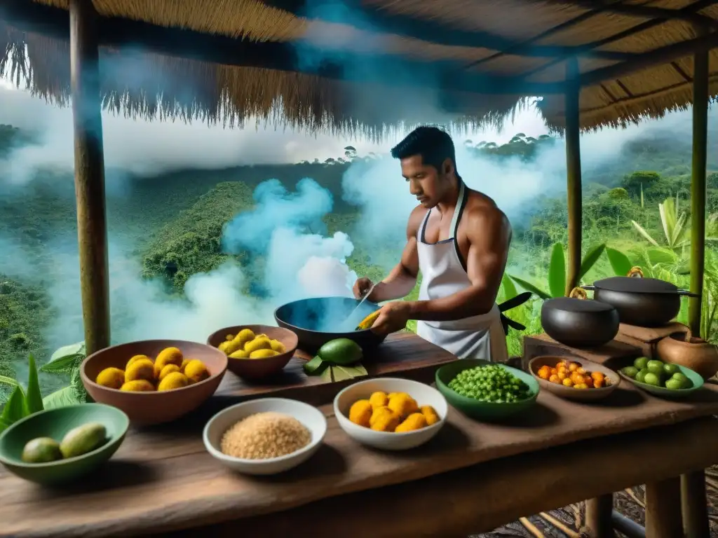 Cocina Amazónica: Tradición y Sabores en la Selva Peruana Un chef preparando platos emblemáticos en una cocina tradicional de la selva peruana con ingredientes autóctonos