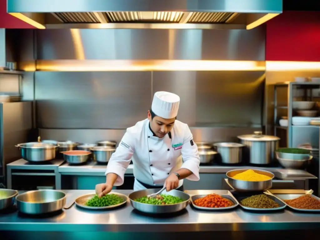 Un chef prepara platos peruanos en una cocina modular, transmitiendo autenticidad y eficiencia