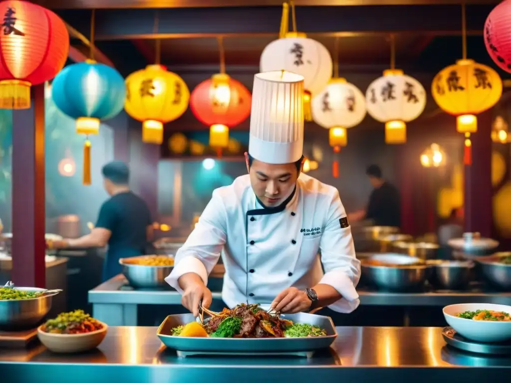 Chef preparando platos fusión en restaurante Chifa en Lima, con atmósfera vibrante de historia chifa cocina peruana