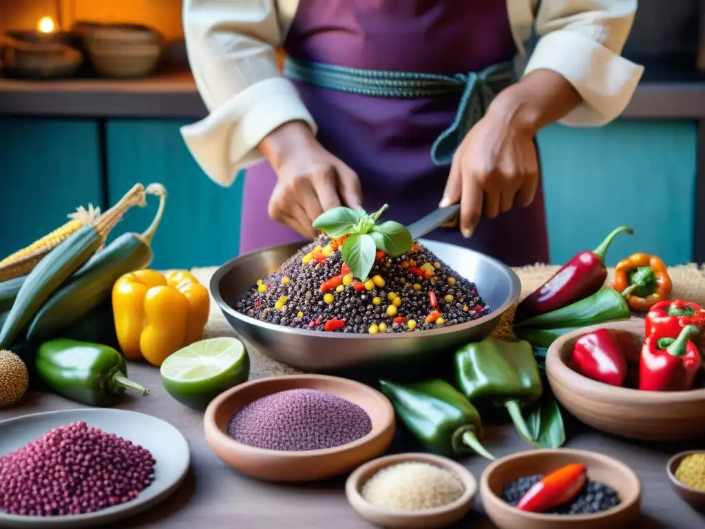 Un chef preparando platos tradicionales peruanos con ingredientes autóctonos en una cocina vibrante y llena de historia