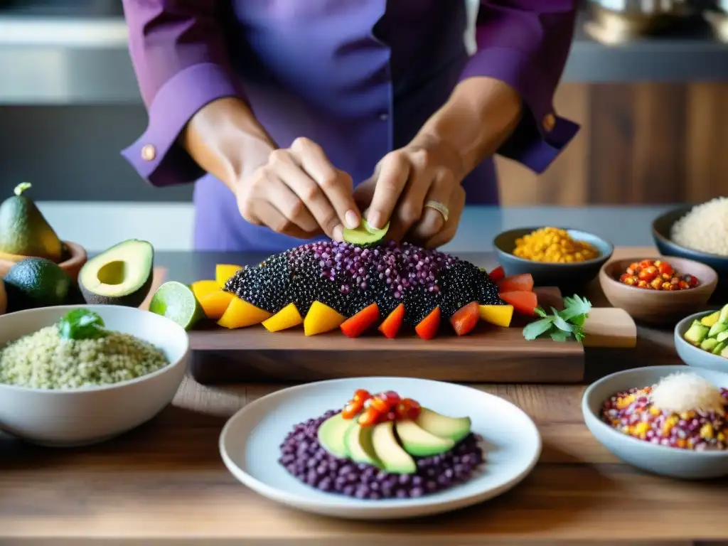 Un chef fotografiando platos vegetarianos peruanos con detalle y creatividad en una mesa rústica