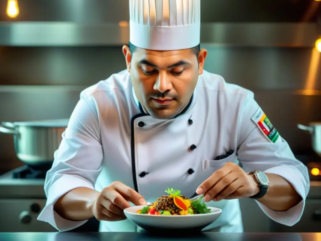 Chef Edgar Núñez plantea con precisión un platillo fusionado en una moderna cocina de vanguardia en Perú