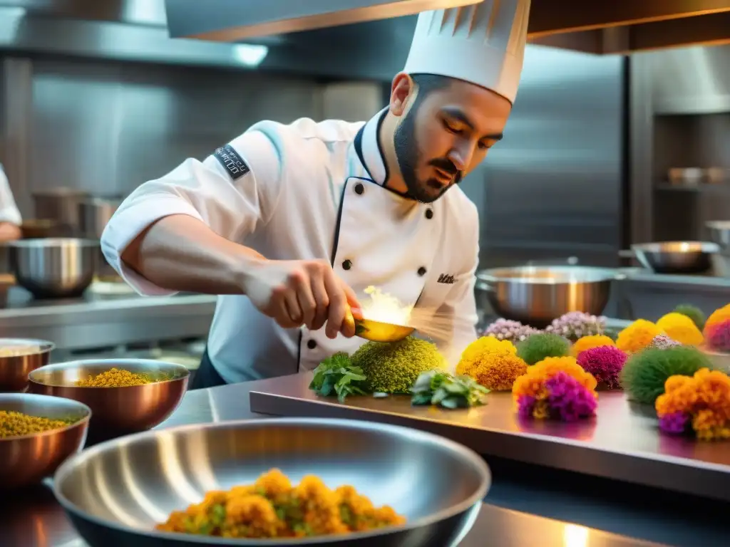 Un chef crea con precisión un plato con ingredientes inesperados en la lujosa cocina de un restaurante en Lima