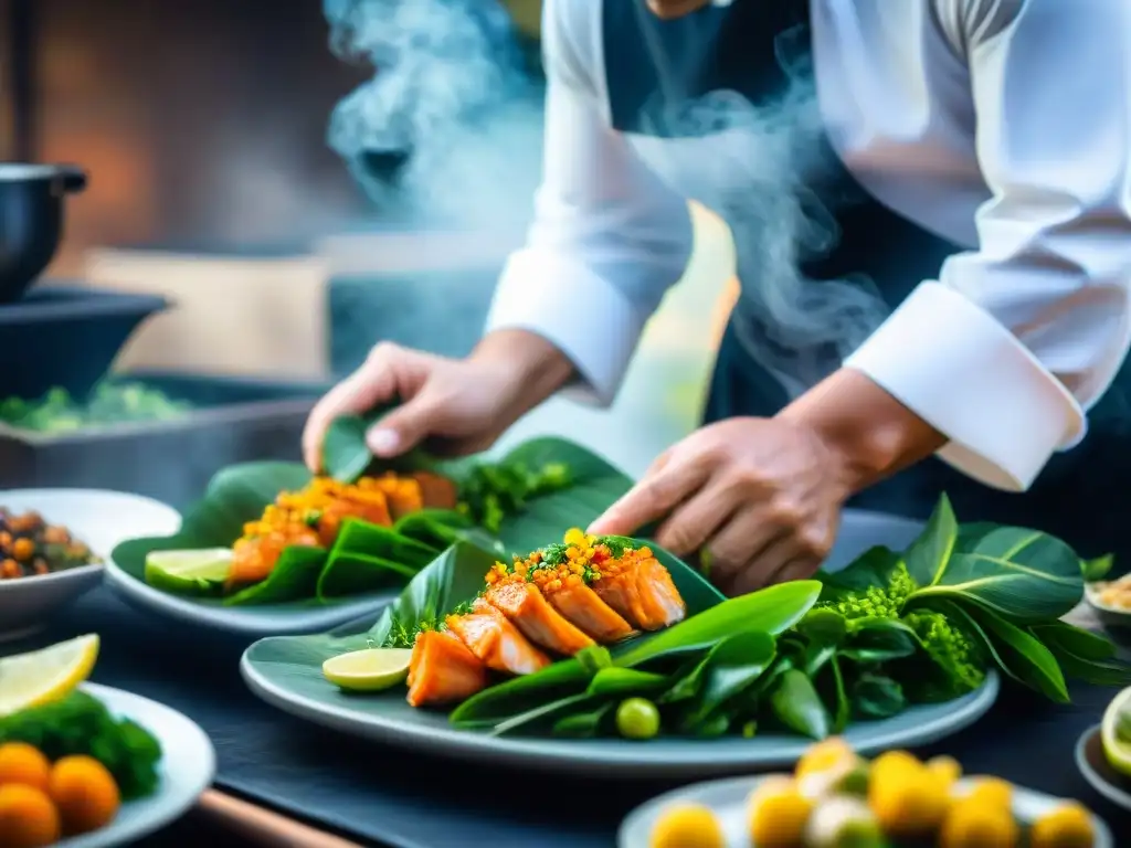 Un chef hábil prepara con precisión la receta tradicional Ayampaco pescado, resaltando la importancia cultural y culinaria