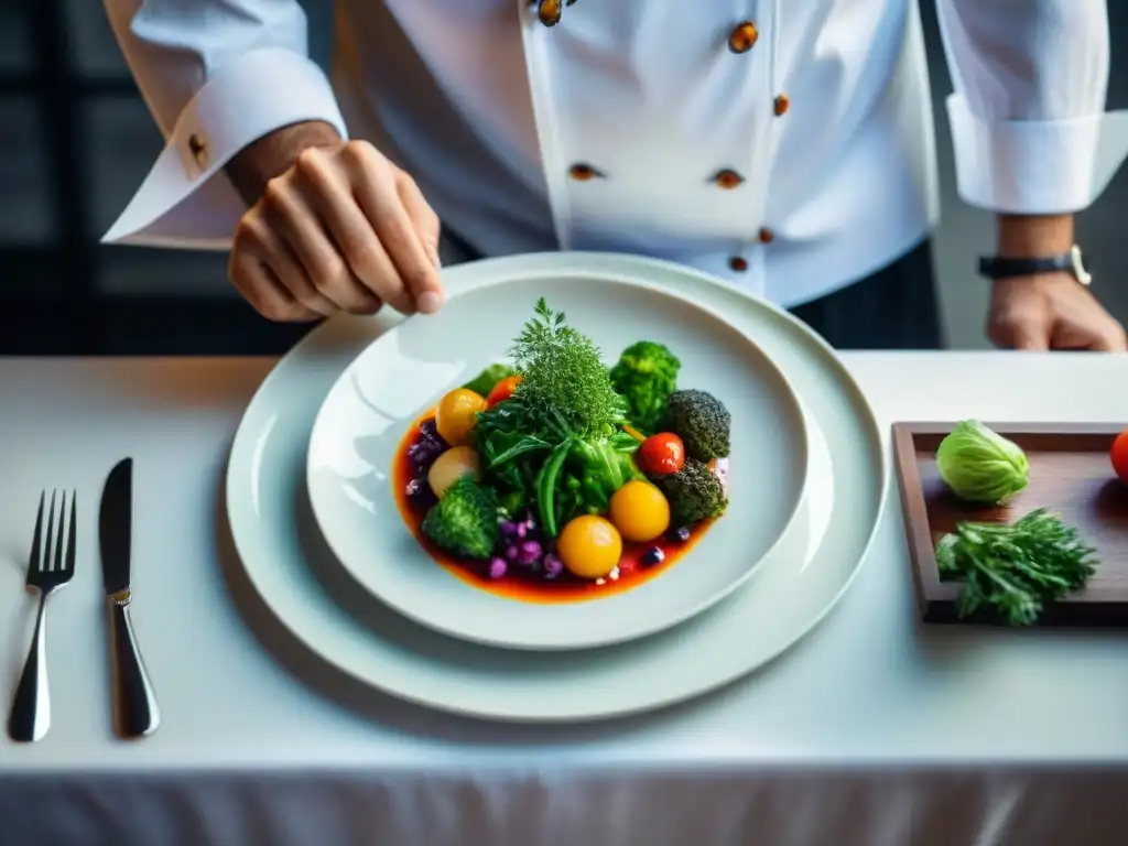 El chef crea una presentación gastronómica potencia sabor con ingredientes vibrantes y coloridos en un plato blanco impecable