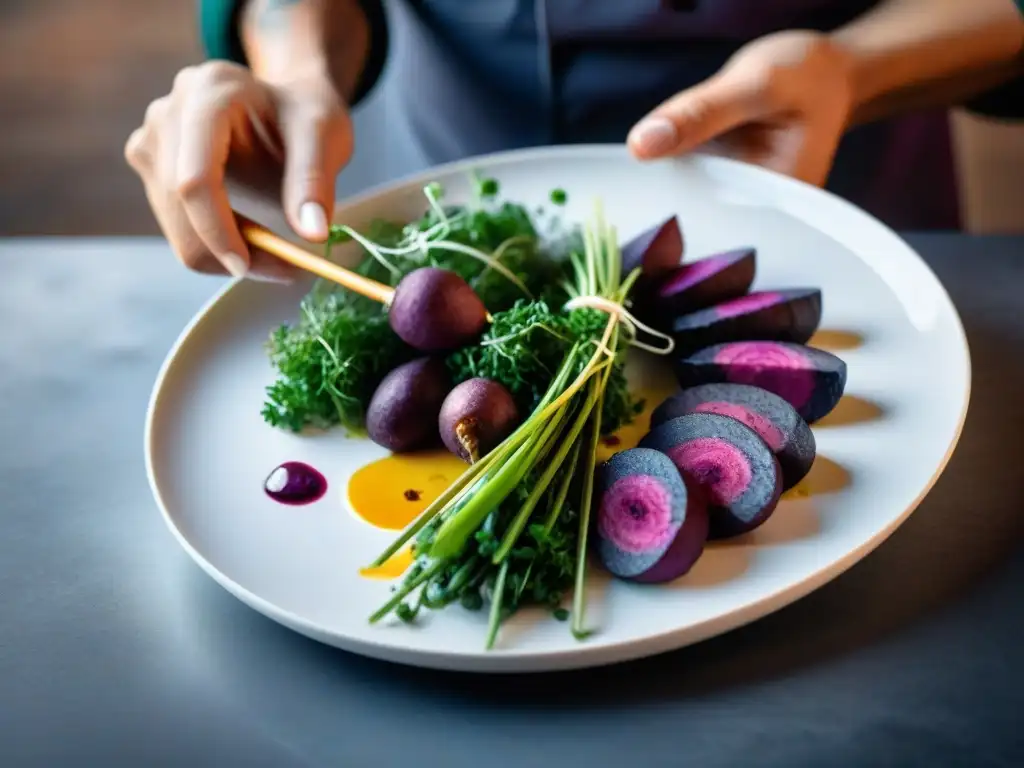 Un chef crea presentaciones contemporáneas de anticuchos con papas moradas peruanas y salsa de huacatay