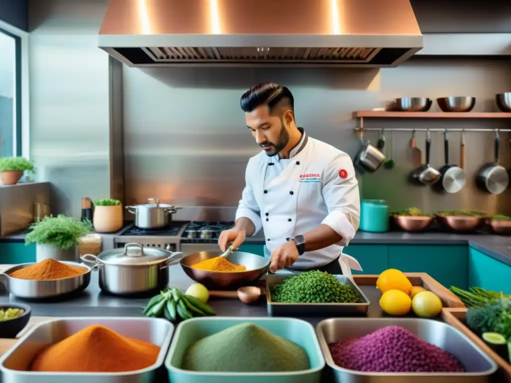 Un chef profesional en una bulliciosa cocina en Lima, Perú, mostrando el diseño y funcionalidad de cocinas modulares gastronomía peruana