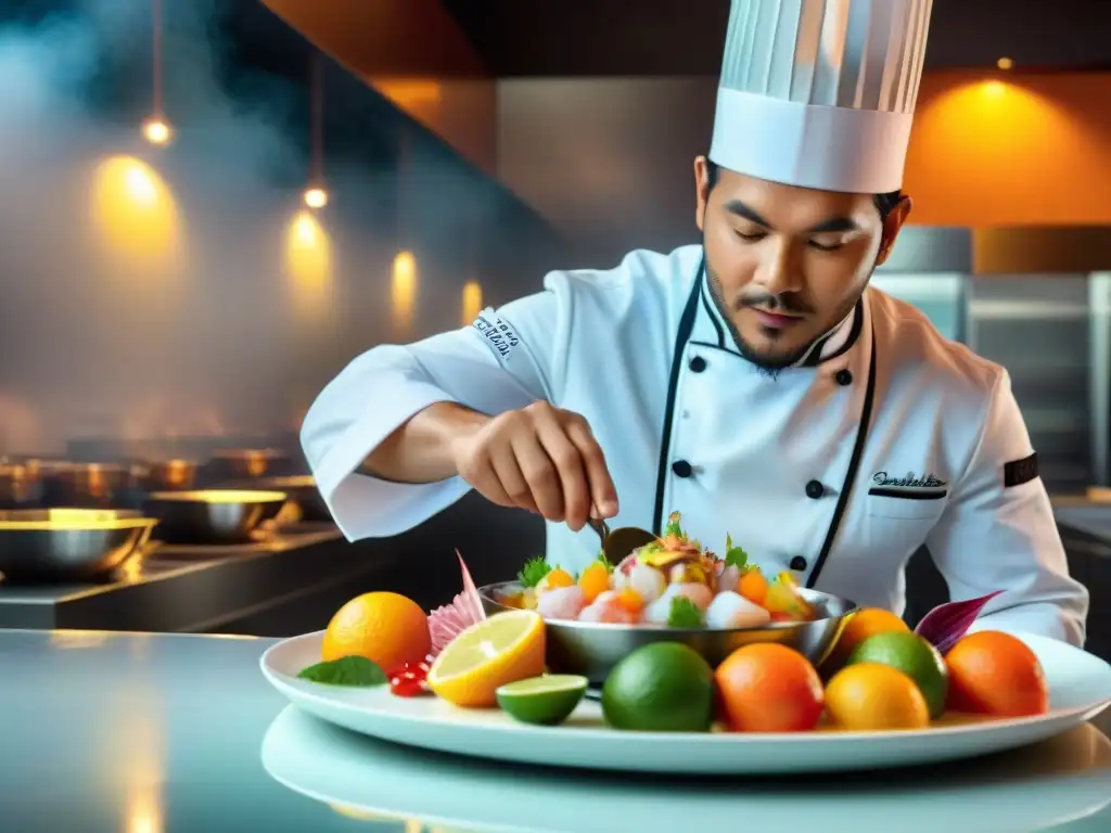 Un chef profesional prepara una reinvención del ceviche peruano contemporáneo con precisión y arte en una cocina moderna