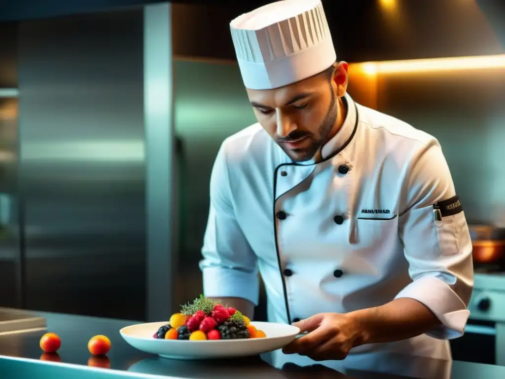 Chef profesional en cocina moderna incorporando aguaymanto en plato gourmet