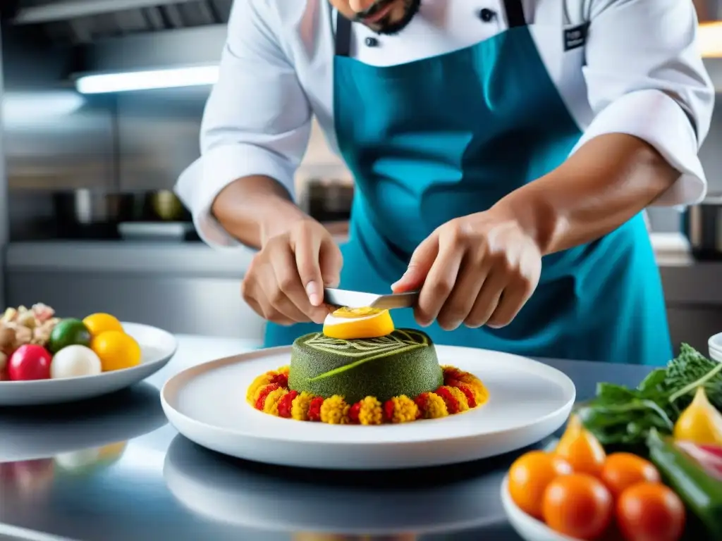 Un chef profesional en una cocina peruana moderna usando tecnología 3D para crear platos innovadores