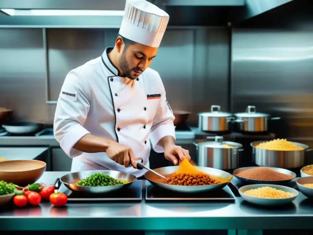Un chef profesional en una cocina peruana con sensores de temperatura, preparando Lomo Saltado con precisión