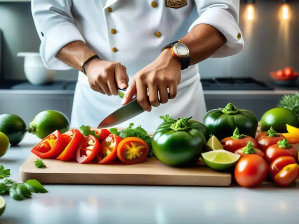 Un chef profesional cortando ingredientes frescos para ceviche