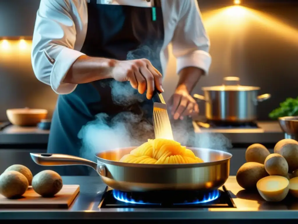 Un chef profesional cortando ollucos en una cocina moderna, mostrando su textura y colores