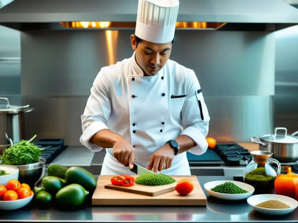 Un chef profesional prepara Olluquito con Charqui en una cocina moderna, fusionando tradición y vanguardia