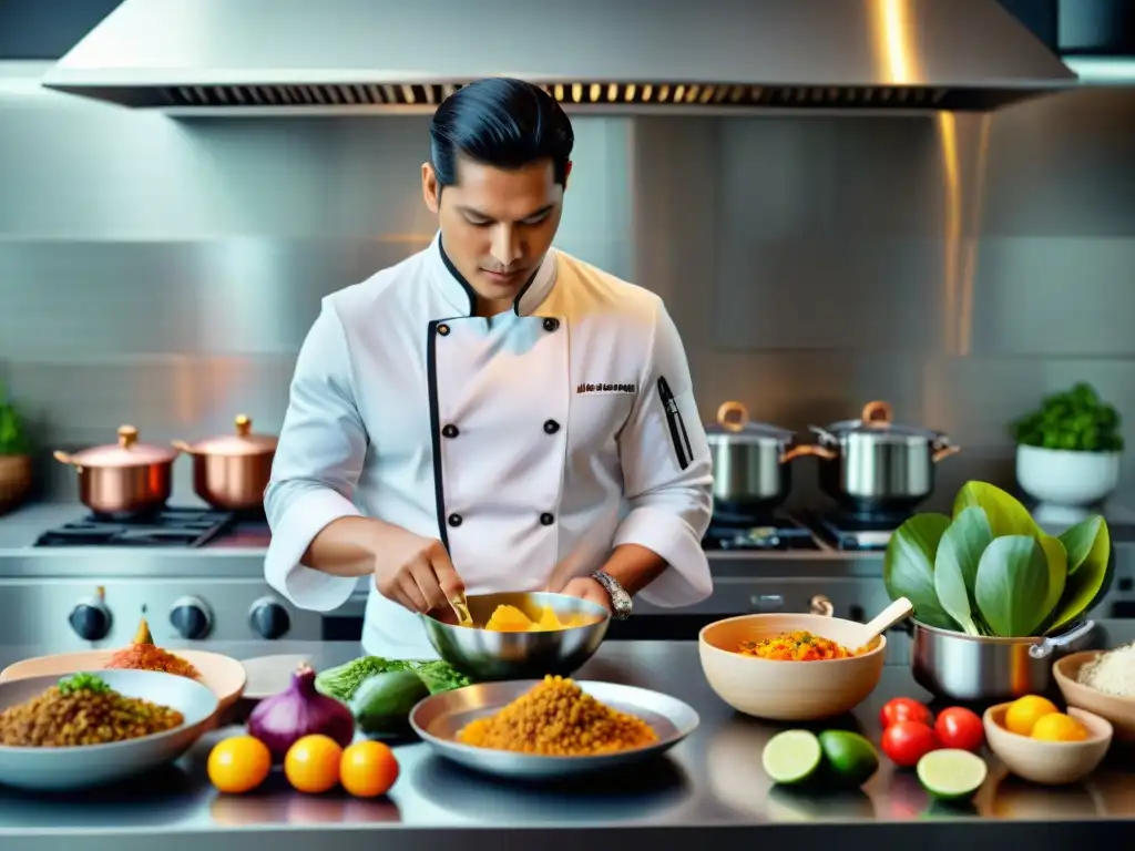 Un chef profesional prepara un plato peruano con sensores de temperatura para una cocción perfecta