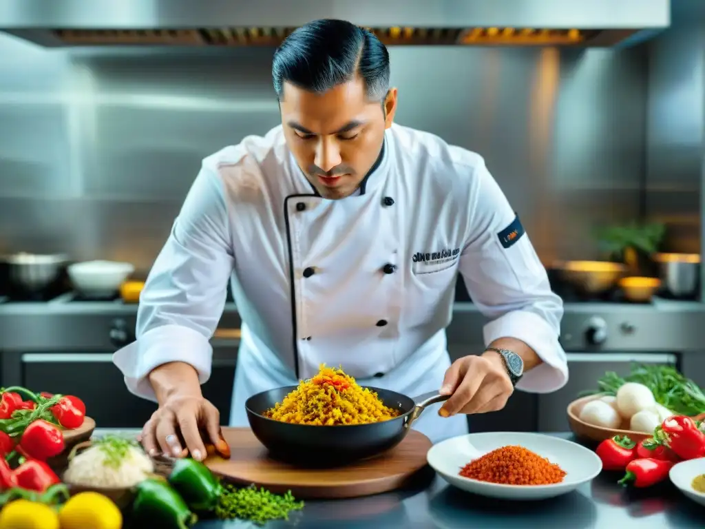 Un chef profesional preparando una receta tradicional ají de gallina con un toque contemporáneo en una cocina moderna