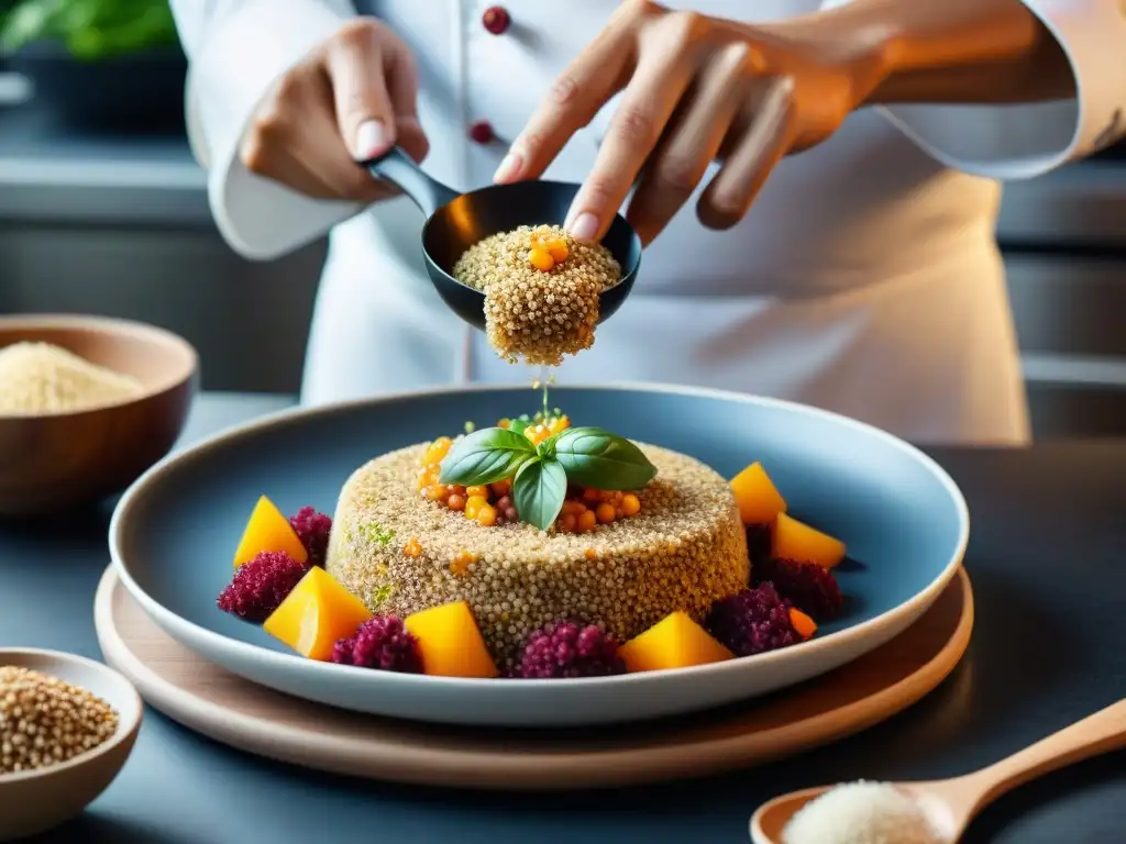 Un chef profesional fusiona supergranos andinos en recetas innovadoras, simbolizando la fusión culinaria