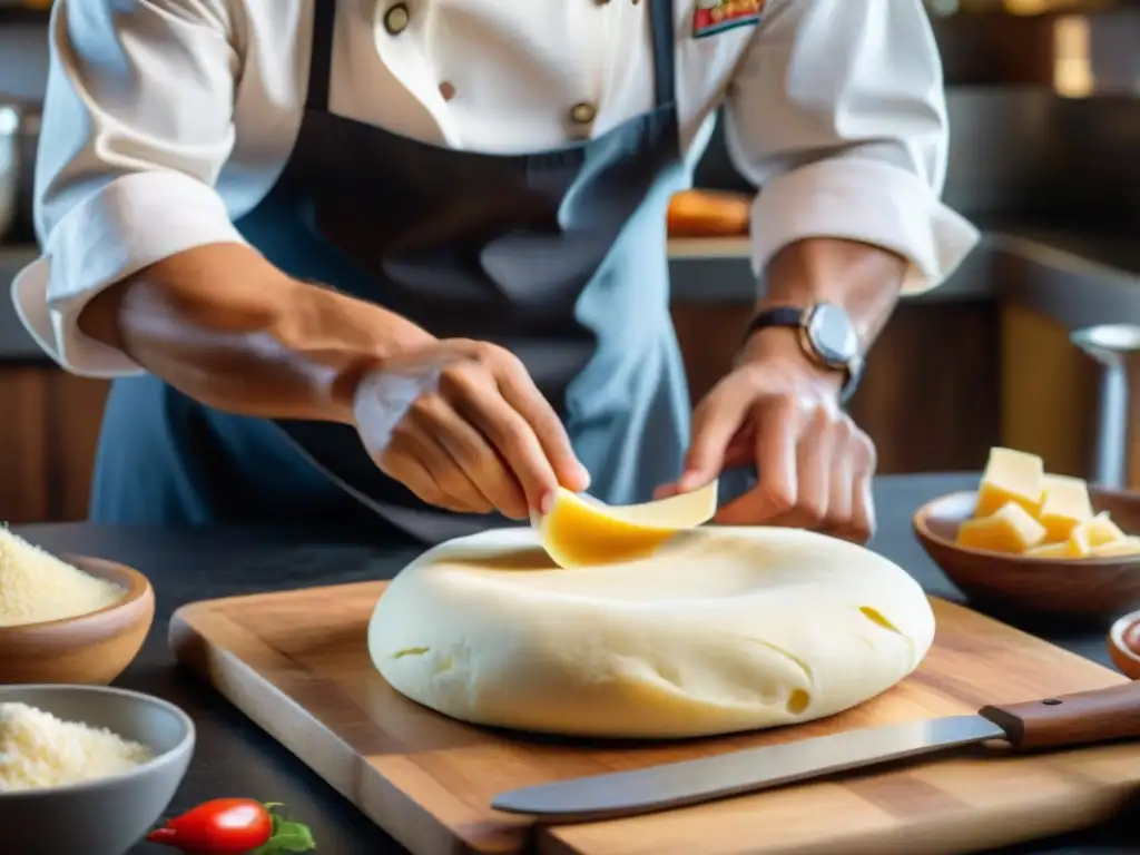 Un chef envuelve expertamente queso andino en masa para tequeños peruanos auténticos y deliciosos