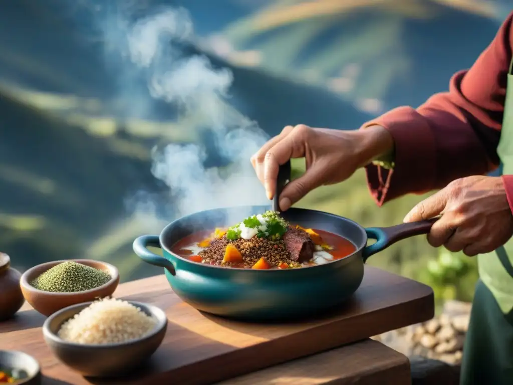 Un chef de montaña sazona una receta andina con maestría, resaltando la riqueza culinaria de los Andes