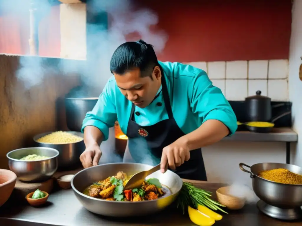 Chef preparando receta auténtica aguadito de pollo en cocina peruana tradicional