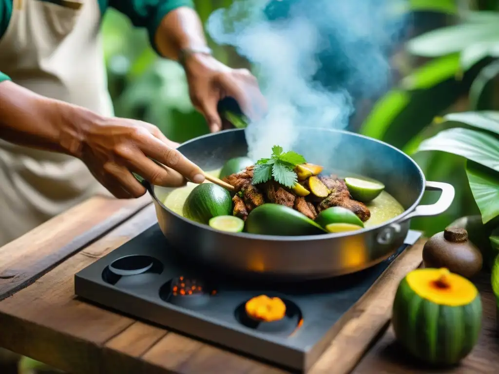 Chef preparando receta auténtica Juane en cocina tradicional de la Amazonía, ambiente cálido y acogedor