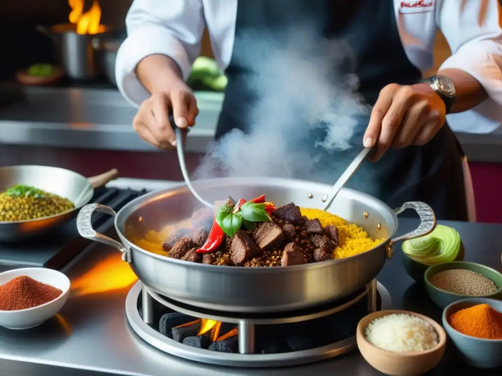 Un chef prepara una receta auténtica chanfainita peruana con carne de llama en una cocina tradicional, resaltando colores y aromas