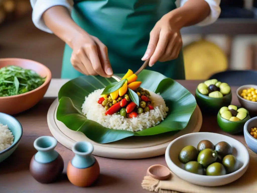 Chef preparando receta auténtica juane peruano en cocina tradicional, ingredientes vibrantes y ambiente acogedor