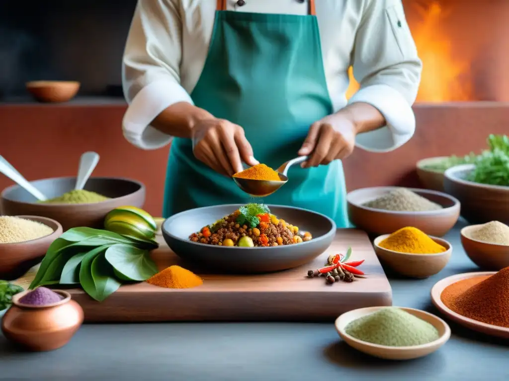 Un chef prepara una receta autóctona del olluquito andino en una cocina tradicional peruana llena de color y vida