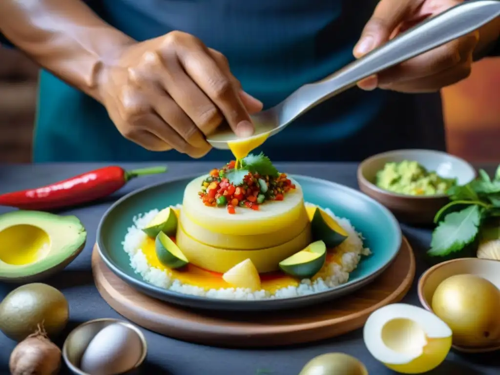 Chef preparando receta causa limeña con papa amarilla en cocina peruana tradicional