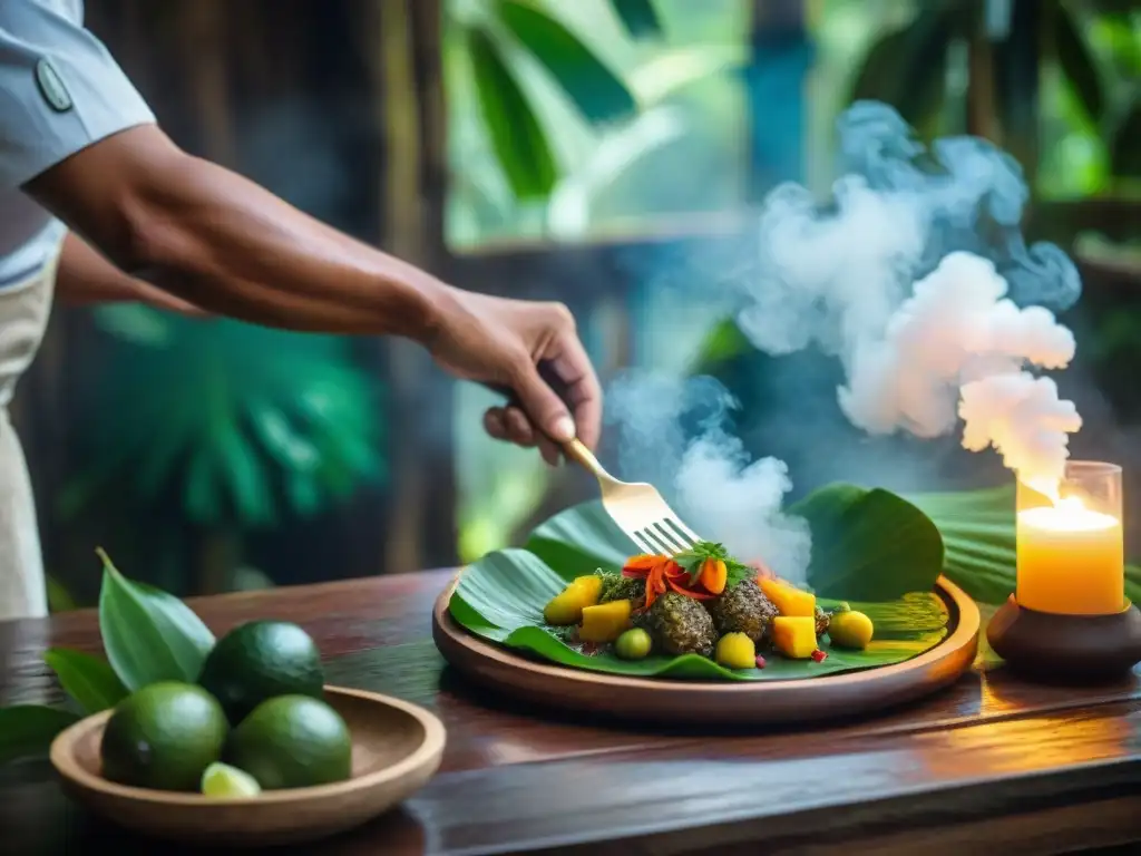 Un chef prepara una receta culinaria amazónica tradicional en una cocina rústica en la selva del Amazonas