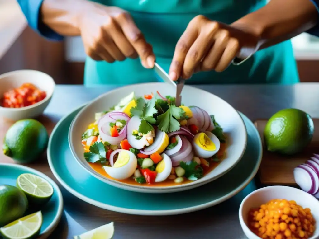 Un chef preparando una receta de leche de tigre peruana con ingredientes frescos en una cocina costera vibrante