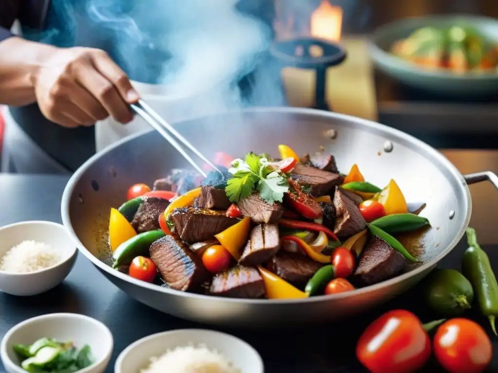 Chef preparando receta lomo saltado en cocina peruana, ingredientes frescos y energía culinaria