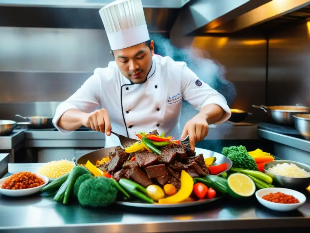 Chef preparando receta lomo saltado en restaurante peruano, con energía y destreza culinaria