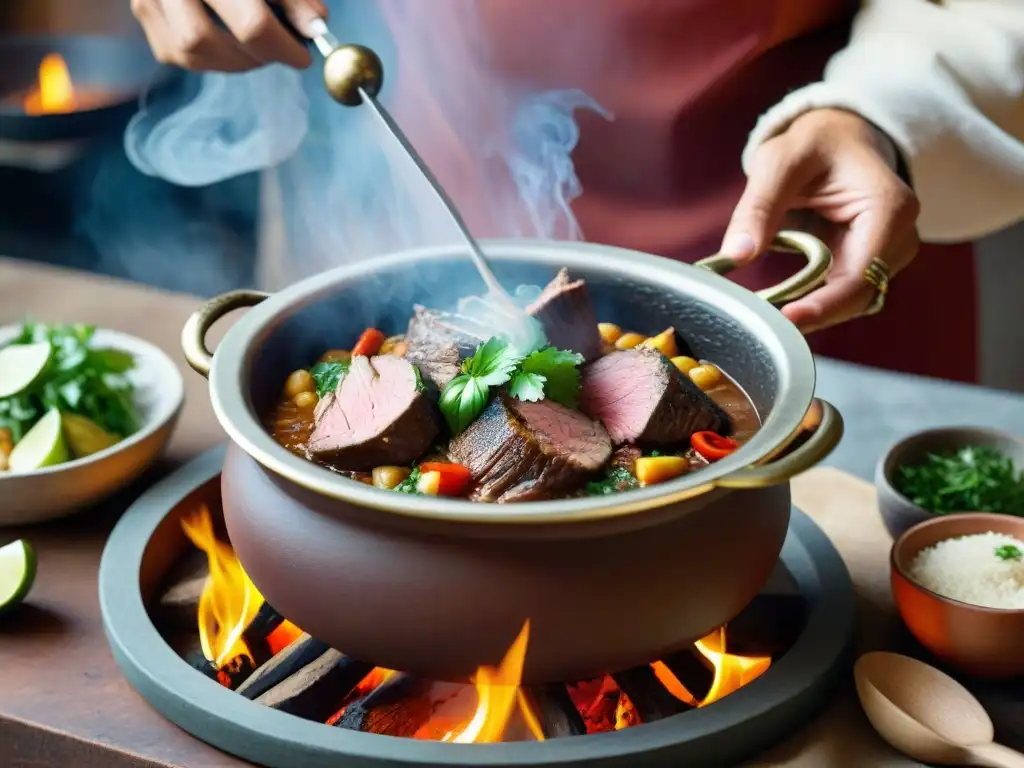 Chef preparando receta seco cordero cocción lenta en olla de barro sobre fuego abierto