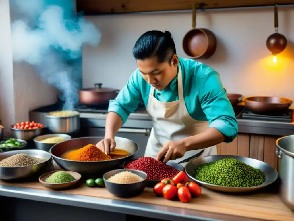 Chef preparando receta tradicional ají de gallina en cocina peruana vibrante