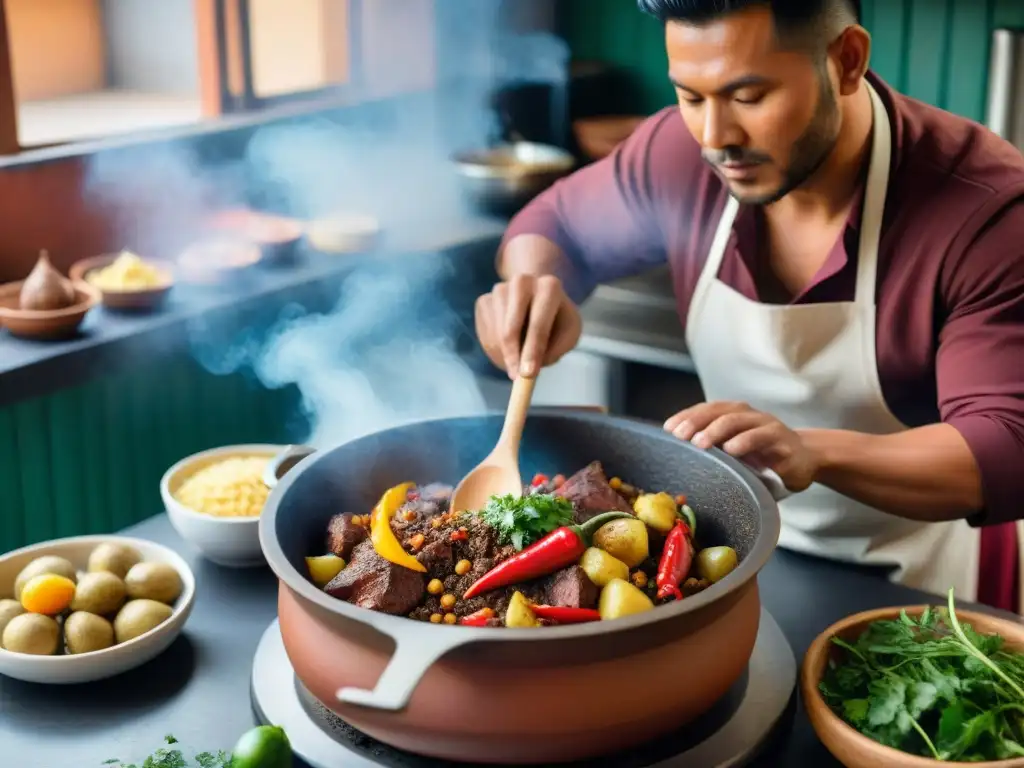 Un chef prepara la receta tradicional carapulcra peruana en una cocina bulliciosa