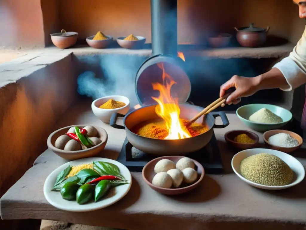 Chef preparando una receta tradicional carapulcra peruana en una cocina rústica con ollas de barro y fogón de leña