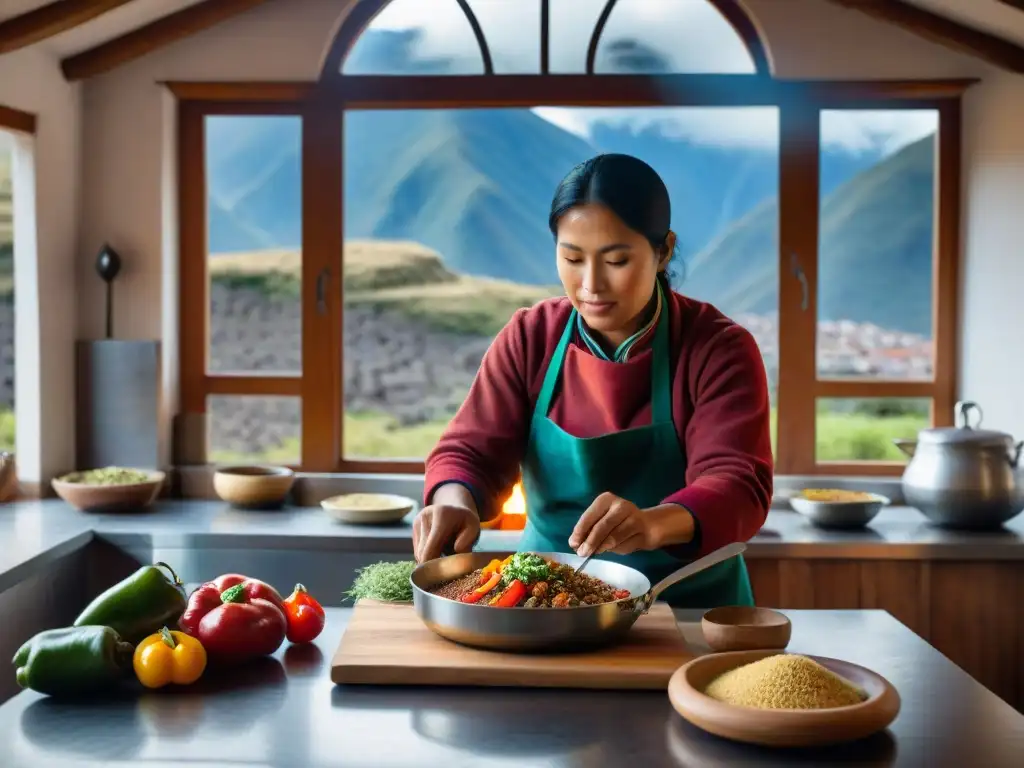 Un chef de montaña preparando recetas platos andinos en cocina rústica, rodeado de ingredientes vibrantes