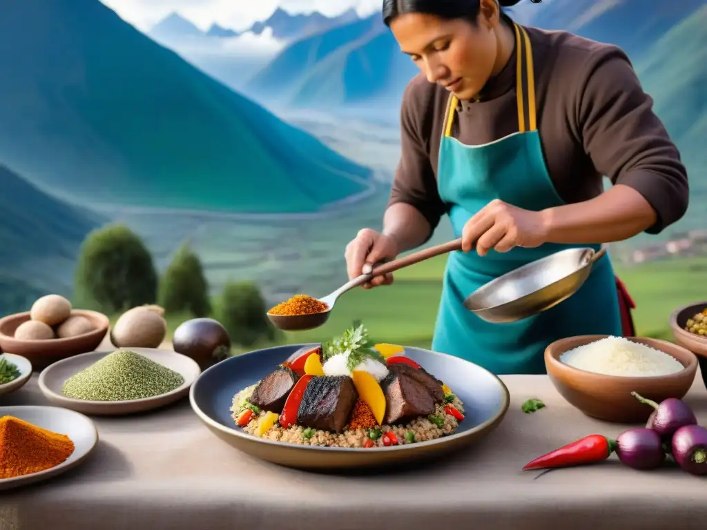 Chef de montaña preparando recetas platos andinos con ingredientes autóctonos, en paisaje andino