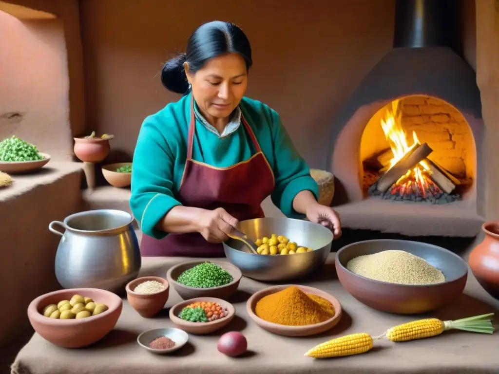 Un chef preparando recetas tradicionales de la cocina andina peruana en una cocina colorida y acogedora