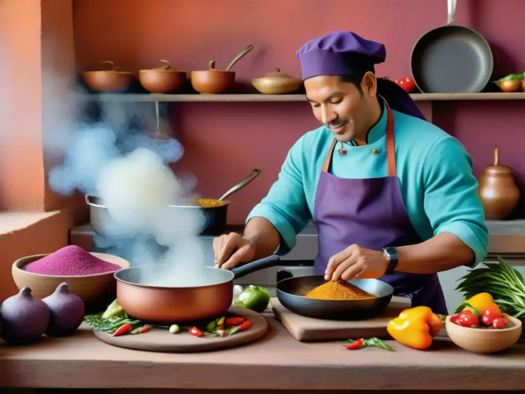 Un chef preparando recetas tradicionales festividades peruanas en una cocina festiva y colorida