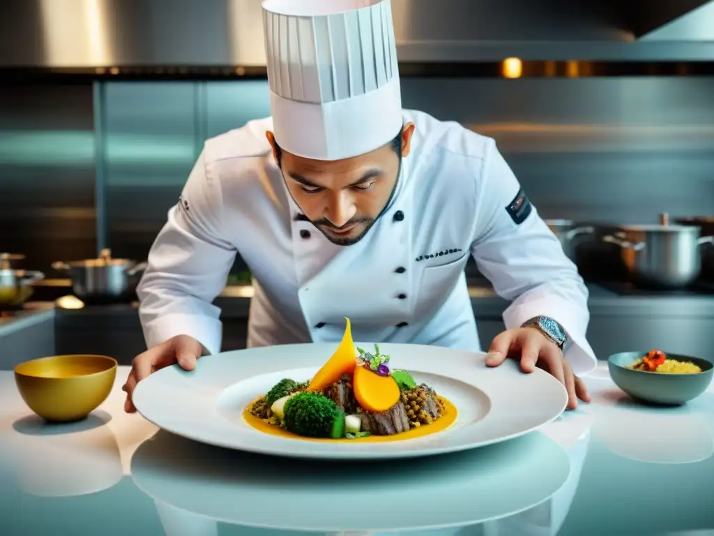 Un chef renombrado en una cocina de autor en Lima, creando una obra culinaria vanguardista y colorida con precisión artística