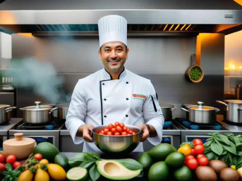 Un chef renombrado en una cocina bulliciosa, fusionando ingredientes italianos y peruanos con pasión y precisión