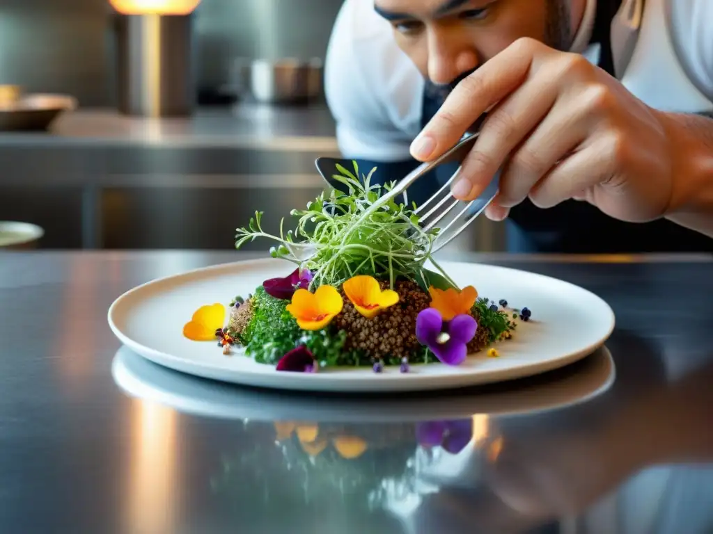 Un chef renombrado en una cocina sofisticada, plato exquisito con quinua, flores comestibles y microgreens