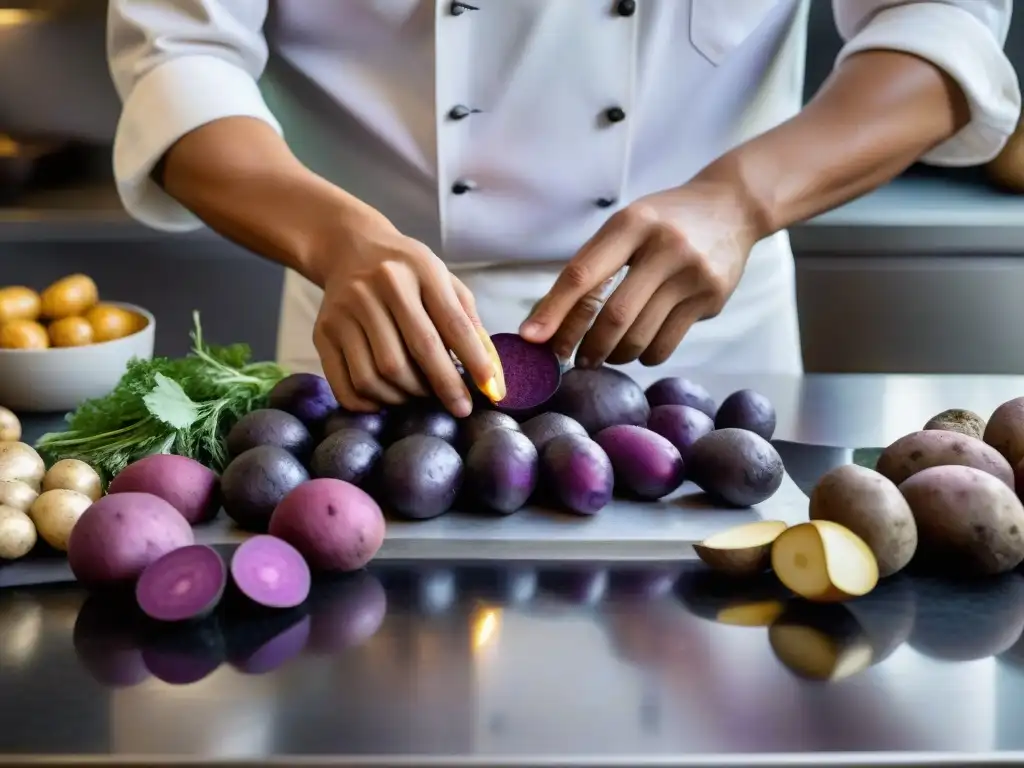 Un chef renombrado preparando tubérculos andinos en cocina vanguardia