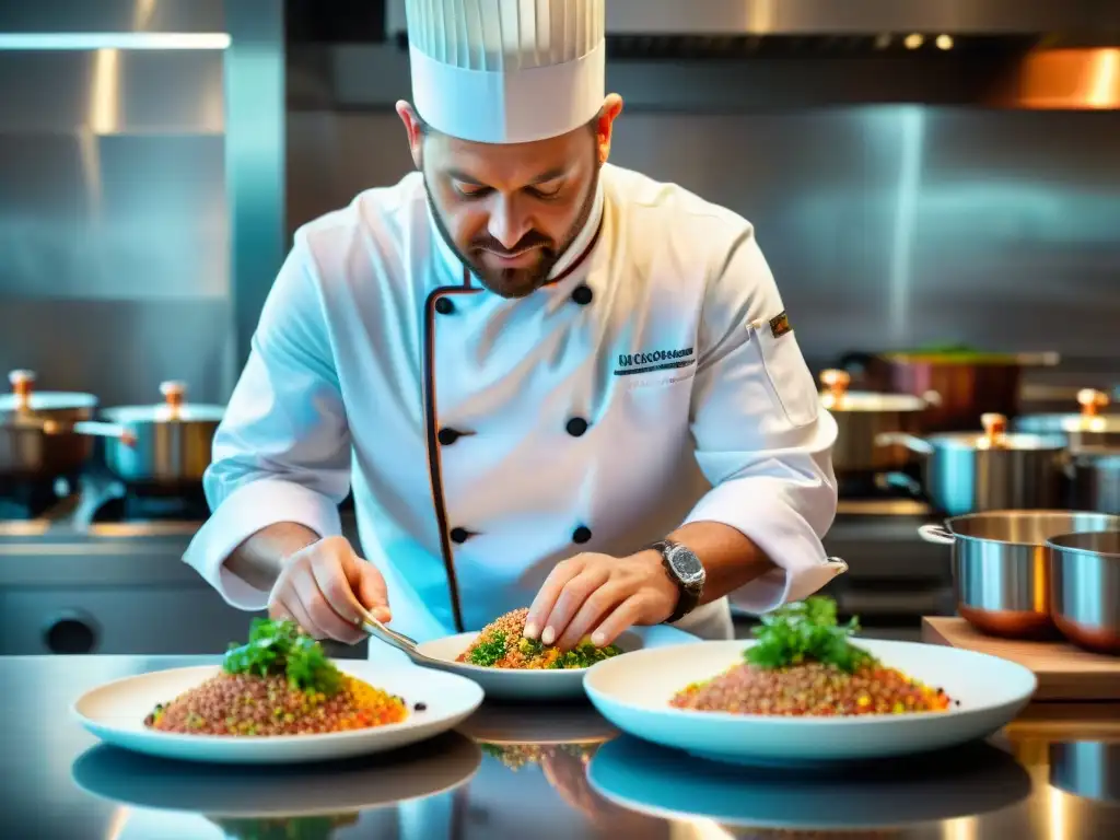 Un chef de renombre mundial crea un plato de lujo con quinua, en una cocina lujosa y detallada