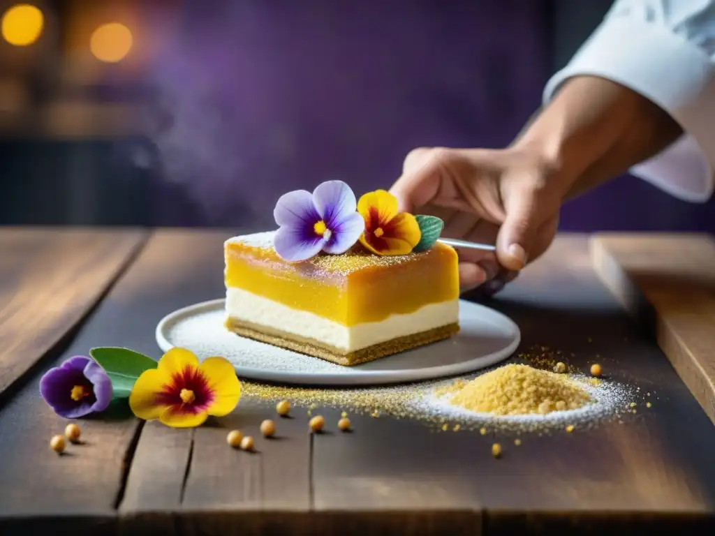 Un chef de repostería peruana adorna con oro comestible un postre, destacando el estilismo alimentario en postres peruanos