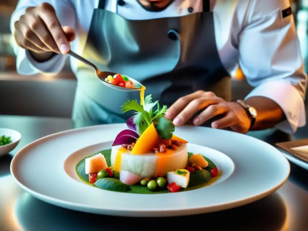 Un chef en un restaurante de Lima ensambla un ceviche colorido y detallado, reflejando la cocina peruana