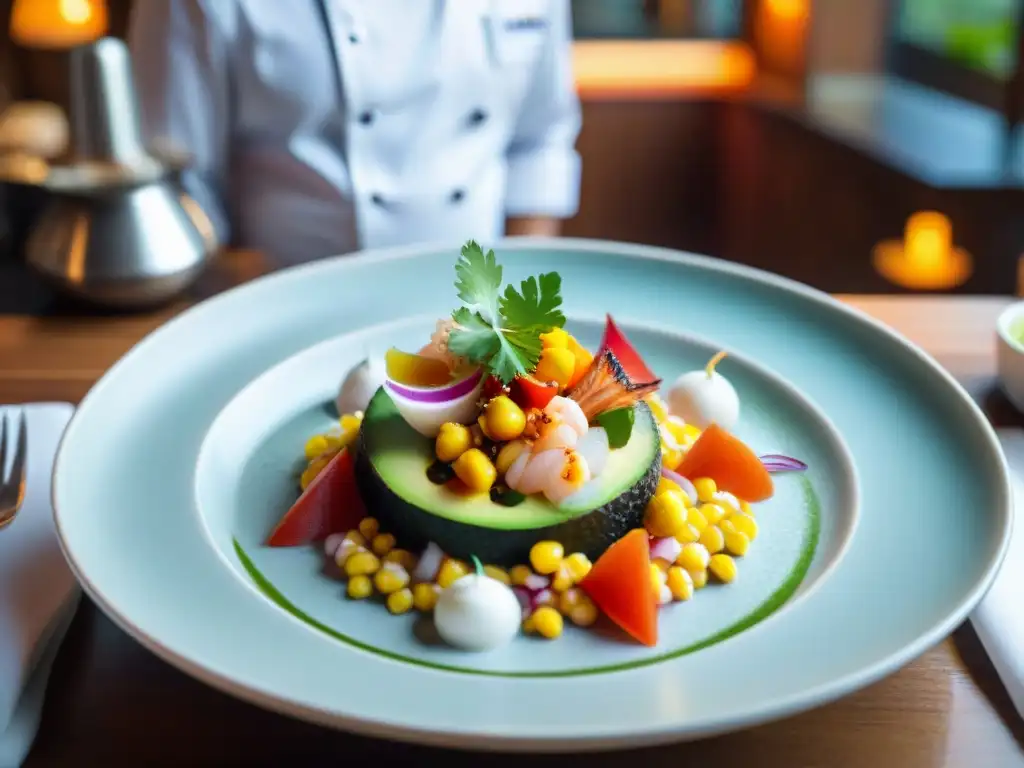 Chef en restaurante de lujo en Lima preparando ceviche con delicadeza y precisión, resaltando los colores vibrantes y frescos